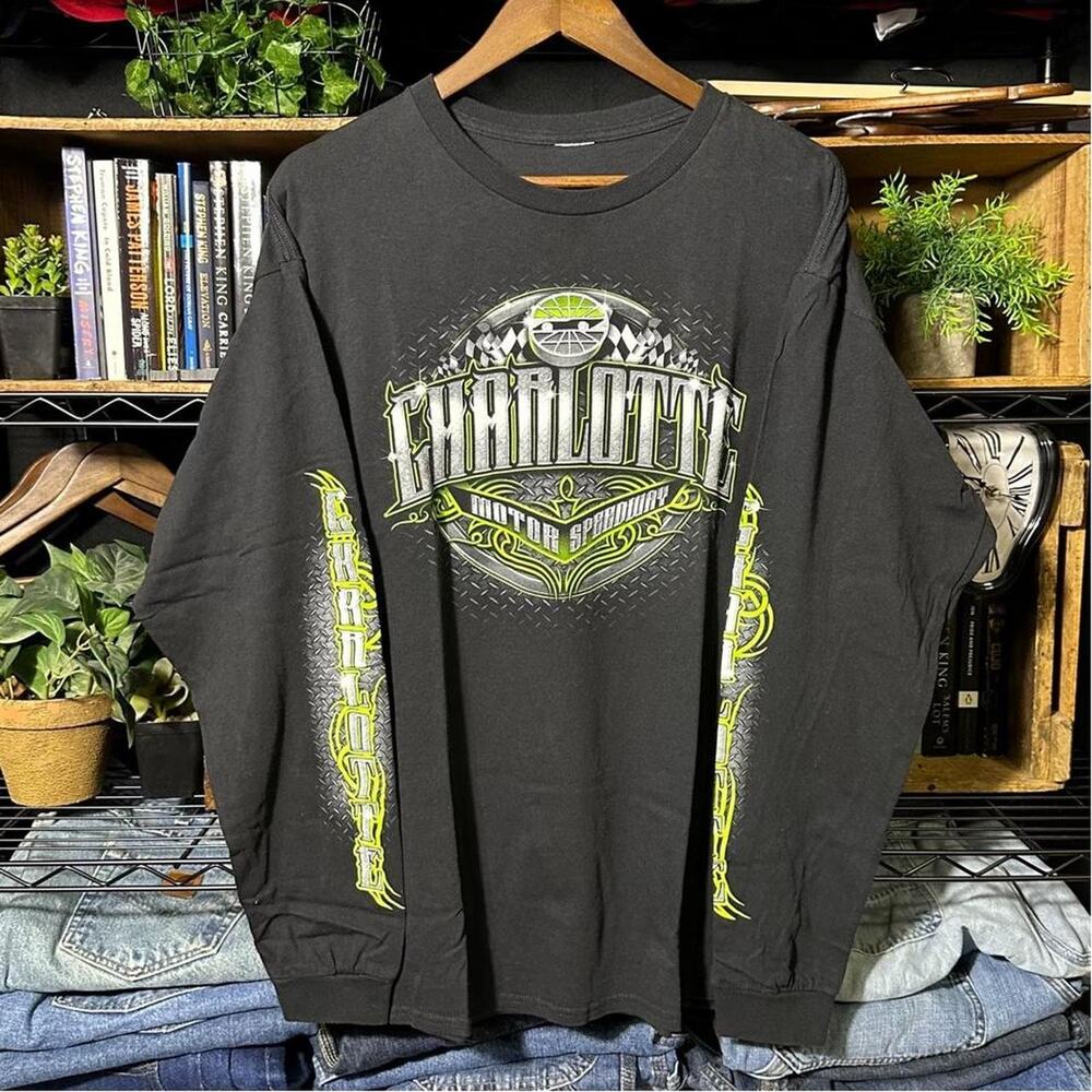 Charlotte Motor Speedway Long Sleeve Biker Tee Mens XL Black Green Racing Shirt